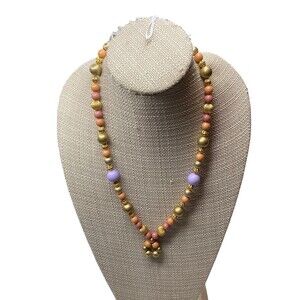 Vintage Gold-Tone Pastel Pink Round Glass Plastic Beaded Necklace